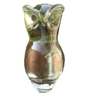 Vtg MCM Pressed  Art Glass Horned Owl Figurine Paperweight 7" Clear Hand Blown